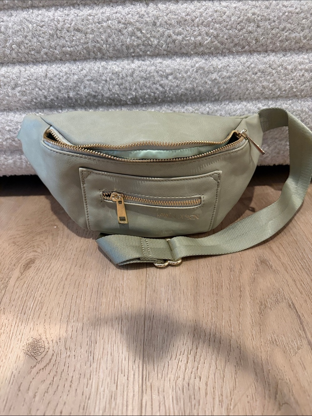 Fawn Design Sage Green Leather Crossbody Belt Bag with Gold Hardware